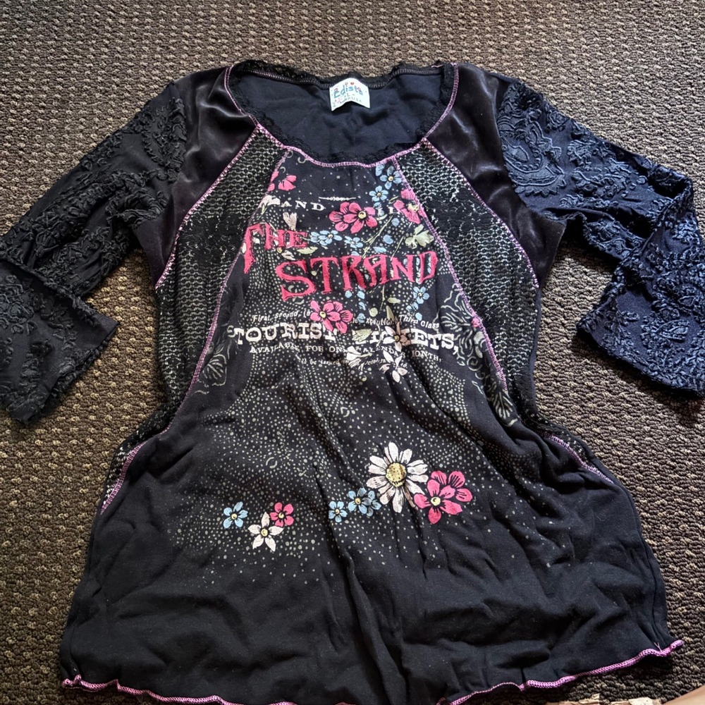 Vtg Edista Y2K Graphic Tunic Top Black Pink Floral Paisley Lace Velvet Sleeve
